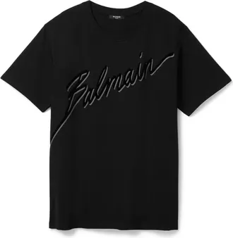 Balmain T-Shirts, male, Black, L, Flocked Letter Logo T-Shirt