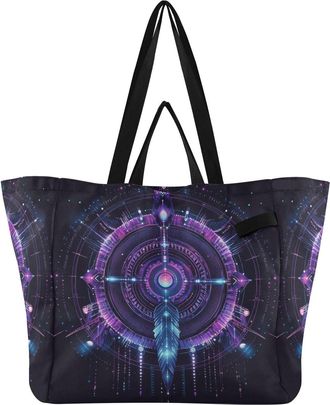 Generic Purple Black Mandala pattern Reusable Canvas Tote Bag, Heavy Duty Grocery Shopping Bag with Double Handles Hard Bottom Large Capacity Work Groceries T