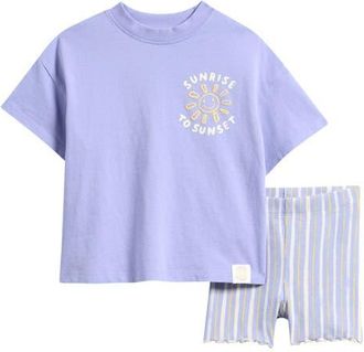Next Kids Hello Sun Cotton Graphic T-Shirt & Stripe Bike Shorts Set in Blue at Nordstrom, Size 6-7