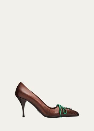 Prada 85mm Burnished Leather Lace-Up Pumps