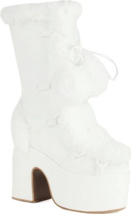 Generic Womens High Heeled Platform Boots with Pom-Pom Faux Suede Mid-Calf Boots Lace Up Winter Boot with Side Zipper,White,4.5 UK