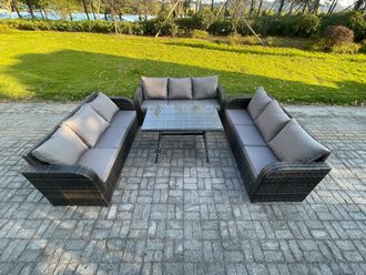 Fimous 9 Seater Wicker Rattan Garden Furniture Set with Rectangular Dining Table Patio Outdoor Lounge Sofa Set in Dark Grey