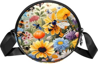Generic Circle Crossbody Bag for Women, Bee Flower Small Sling Bag Daypack with Zipper Adjustable Shoulder Straps Casual Ladies Girls Round Purse