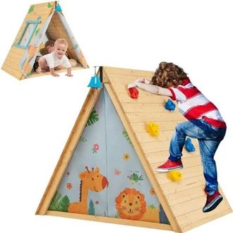 Costway Costway Casa De Juegos Triangular, Juego De Madera 2 En 1 Con Muro De Escalada, Campana Frontal, Cortina Extra&iacute;ble, Juego De Actividades Divertidas Pa