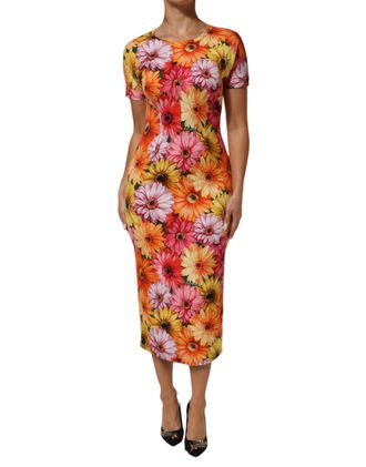Dolce & Gabbana Multicolor Floral Print SilkSheath Midi Womens Dress