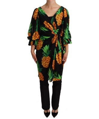 Dolce & Gabbana Womens Black Ananas Print Wrap Stretch Silk Dress - Size 4 UK