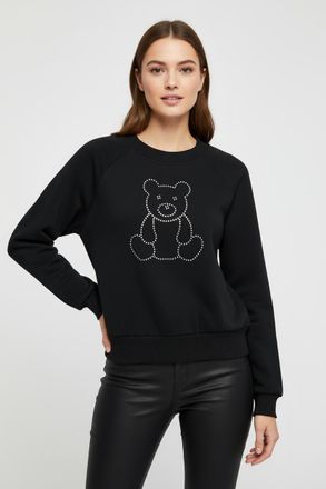 Only Sweatshirt ONLY ONLCAMA L/S RHINESTONE O-NECK SWT, Damen, Gr. XL, schwarz detail:teddy, Sweatware, Obermaterial: 60% Baumwolle, 40% Polyester, bedruck