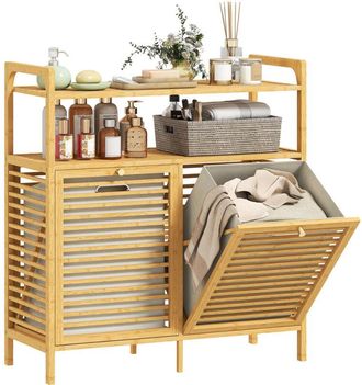 HOMCOM Mueble De Ba&ntilde;o De Bamb&uacute; Con Cesto Ropa Sucia, 2 Bolsas De Ropa Extra&iacute;bles Y Lavables Con Asa, 2 Estantes Abiertos, 82x33x88 Cm Natural - Homcom