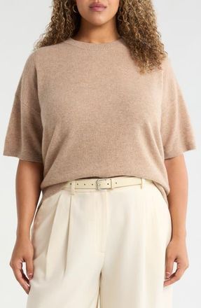 Nordstrom Short Sleeve Cashmere Sweater in Tan Camel Dark Heather at Nordstrom, Size 2X