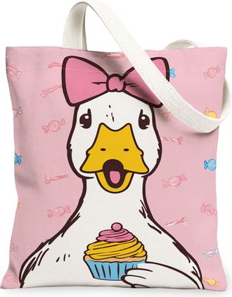 Generic Duck Canvas Tote Bags, Cute Animal Design Reusable Grocery Bags, Spring Fun Lightweight Washable Shoulder Strap Canvas for, Peach, 13x15 Inch