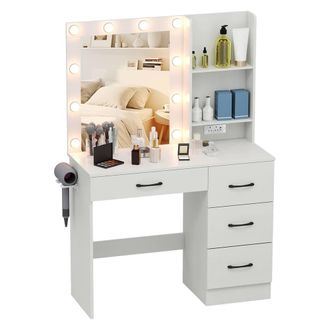 Costway Costway Makeup Vanity Desk w/Lights Dressing Table w/Charging Station &Drawers in White