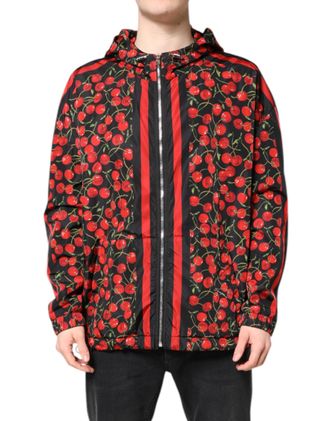 Dolce & Gabbana Mens Black Cherry Print Hooded Windbreaker Jacket And Red Polyester Clothing