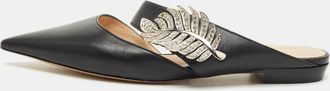 Nicholas Kirkwood Black Leather Crystal Embellished Monstera Flat Mules