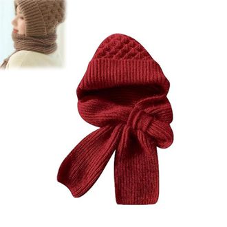 Generic Winter Versatile Knitted Hooded Scarf for Women Multicolor Integrated Ear Protection Windproof Cap Scarf Hat (Red)
