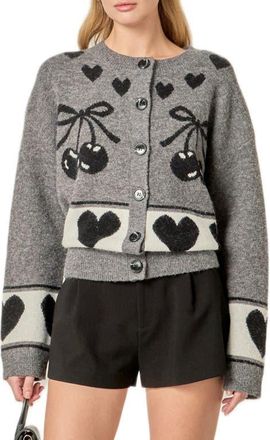 English Factory Cherry Heart Cardigan in Charcoal Multi at Nordstrom, Size X-Small