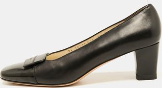 Ferragamo Black Leather Bow Block Heel Pumps