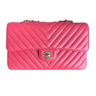 Chanel Coral Pink Medium Quilted Chevron Lambskin Classic Double Flap Bag