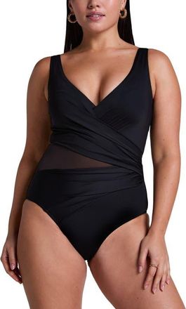 Hunkem&ouml;ller Shaping Shell Mesh Swimsuit in Black at Nordstrom, Size Xx-Large