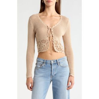 All in Favor Crochet Detail Tie Front Sweater in Tan at Nordstrom, Size X-Small