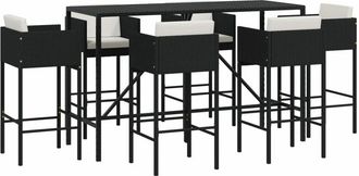 vidaXL 7 Piece Garden Bar Set with Cushions Black Poly Rattan Vidaxl
