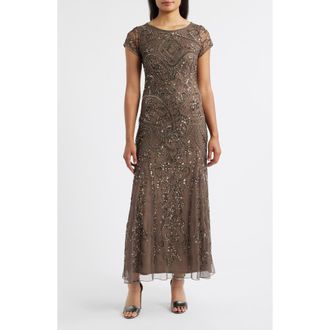Pisarro Nights Beaded Mesh Midi Cocktail Dress in Dark Mocha at Nordstrom Rack, Size 14