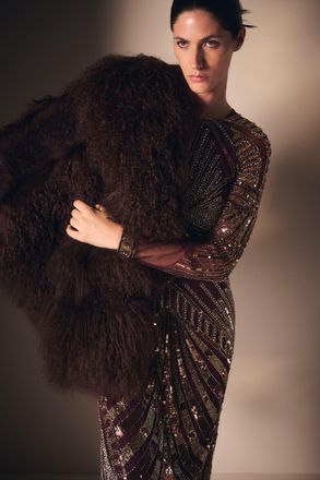 Karen Millen Womens Mongolian Shearling Panelled Short Coat - Chocolate - Size 12 UK