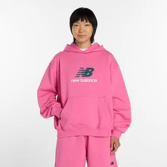 New Balance Womens Athletics French Terry Logo Hoodie in Pink Cotton Fleece, size X-Large