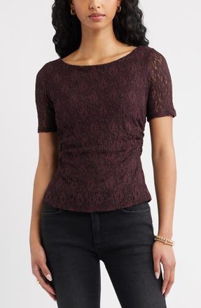 Open Edit Short Sleeve Lace Top in Burgundy Fudge at Nordstrom, Size Xx-Small