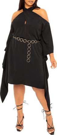 Buxom Couture Cross Halter Belted Tunic Dress in Black at Nordstrom, Size 1X