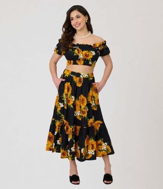 Unique Vintage 1950s Tiered Midi Skirt in Black Sunflower Print at Nordstrom, Size X-Large