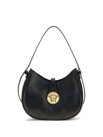 Versace Womens Shoulder Bag Small Embl&egrave;me Black Leather Black-Gold Calf Black/gold