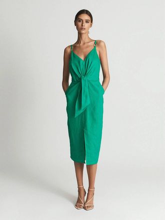 Reiss Kay Tie Front Linen Blend Midi Dress In Green