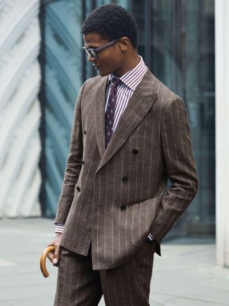 Ismad London Linen-cotton Pinstripe Double-breasted Classic-fit Brown Blazer, 40