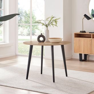 Furniturebox Koko 4-Seater Round Melamine Scratch Resistant Dining Table With Black Legs in Light Oak