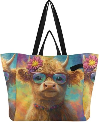 Generic Cow Pink Flower Glasses print Reusable Canvas Tote Bag, Heavy Duty Grocery Shopping Bag with Hard Bottom Large Capacity Double Handles Work Groceries 