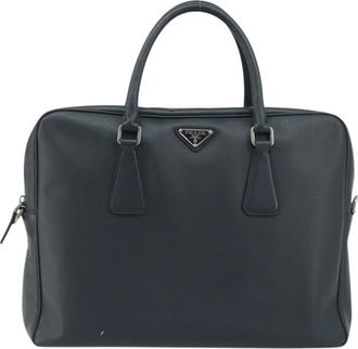 Prada Zip Around Saffiano Leather Navy Leather Briefcase Bag (Pre-Owned)