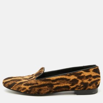 Ralph Lauren Collection Brown Animal Print Calf Hair Slip On Smoking Slippers
