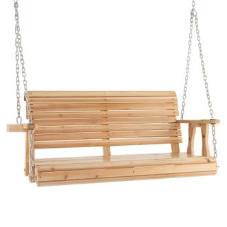 Costway Costway Outdoor Porch Hanging Swing Chair Wooden Garden Swing Bench W/ Cup Holders in Natural