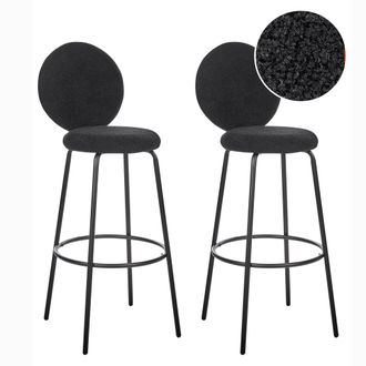 Beliani Conjunto De 2 Sillas De Bar De Boucl&eacute; Patas De Acero Negro Respaldo Redondo Patas De Tapas Comedor Negro Emery