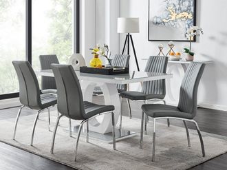 Furniturebox Giovani 6-Seater Grey Glass Dining Table & 6 Isco Faux Leather Dining Chairs