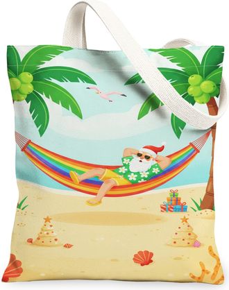 Generic Tropical Canvas Tote Bags, Fun Beach Pattern Reusable Grocery Bags, Summer Vintage Lightweight Washable Shoulder Strap Canv, Multicolor, 13x15 Inch