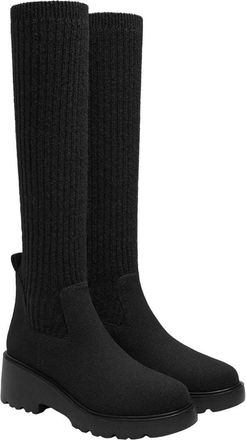 Vivaia Round-Toe Knee-High Platform Chunky Wool Wedge Boots in Black at Nordstrom, Size 9.5