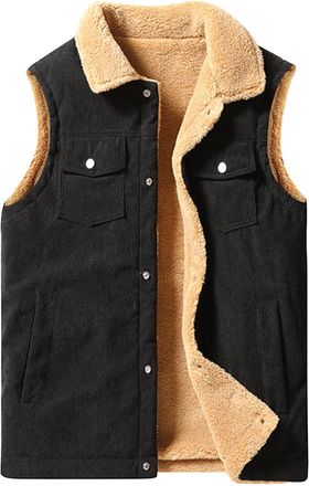 Generic Fleece Gilet for Men UK Warm Fleece Vest Warm Fuzzy Jackets Outfit Button Down Lapel Sherpa Lined Corduroy Sleeveless Jackets Body Warmer Winter Vest 