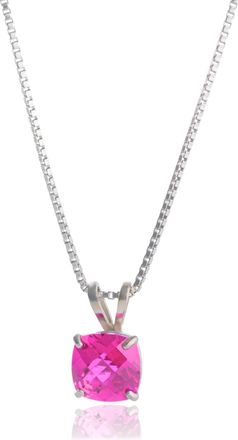 MAX + STONE 14k White Gold 8mm Cushion Cut Gemstone Pendant Necklaces with 18 inch Box Chain