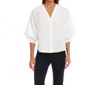 Karen Kane Lantern Sleeve Pearl Button Top In Off White