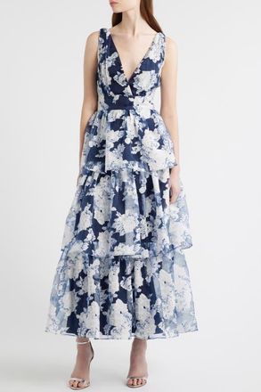 Lulus Vallia Floral Tiered Gown in Navy Floral at Nordstrom, Size X-Large