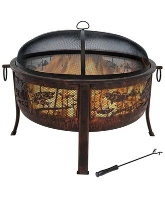 Sunnydaze 30in Fire Pit Steel with Northwoods Fishing Design and Spark Screen