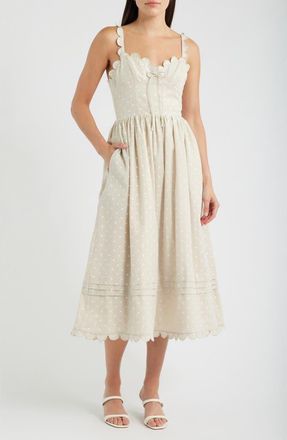 En Saison Elise Polka Dot Scallop Midi Dress in Natural Ivory at Nordstrom, Size X-Small