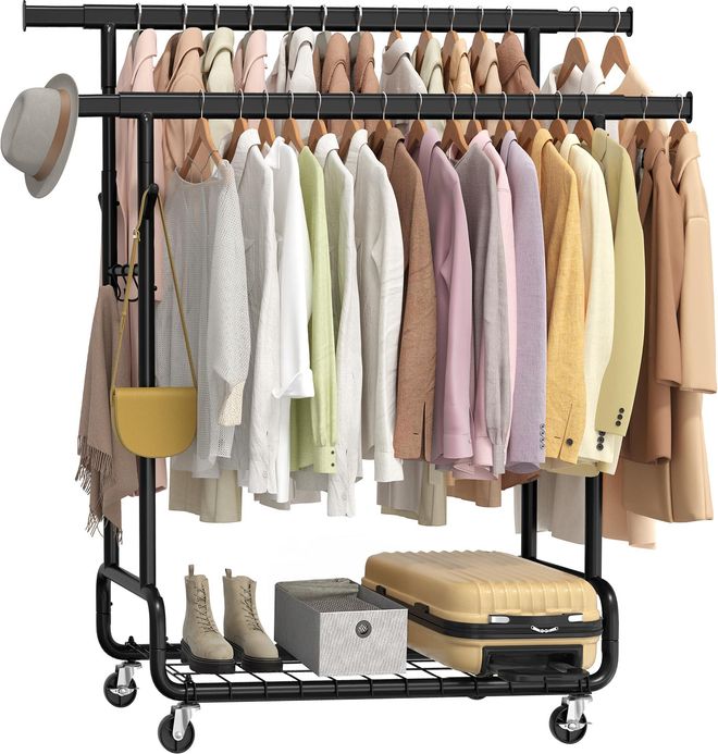 Songmics Kleiderständer, Schwerlast-Garderobenständer, auf Rollen, 2 ausziehbare Kleiderstangen, verstellbare Höhe, mit Ablage, Haken, tintenschwarz HSR015B01 ab 69,99 €