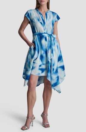 DKNY Abstract Print Asymmetric Hem Linen Dress in Misted Surf at Nordstrom, Size 4